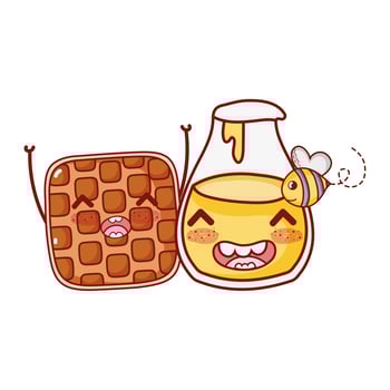 fast food waffle and honey bottle bee cartoon character vector