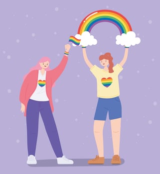 LGBTQ community, lesbian women with rainbow and flag, gay parade sexual discrimination protest vector