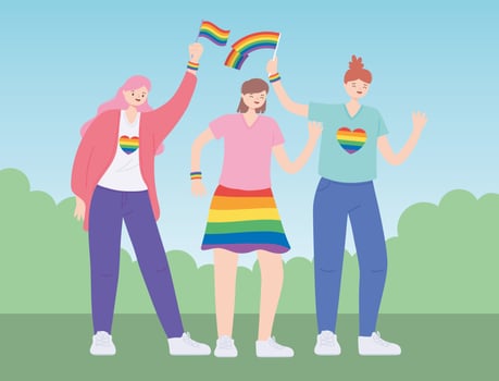 LGBTQ community, young women with rainbows flag, gay parade sexual discrimination protest vector