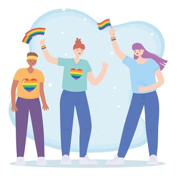 LGBTQ community, lesbians group with rainbow flags, gay parade sexual discrimination protest vector