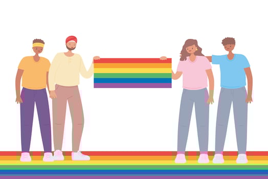 LGBTQ community, group young people huge rainbow flag celebration, gay parade sexual discrimination protest vector