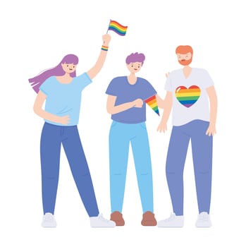 LGBTQ community, happy group people with rainbow flags, gay parade sexual discrimination protest vector