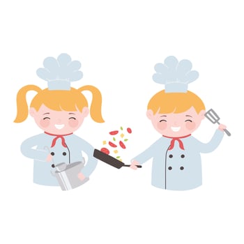 chefs girl and boy with ladle saucepan and vegetables cartoon character vector