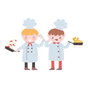 chefs boys with saucepan in flame and vegetables cartoon character vector