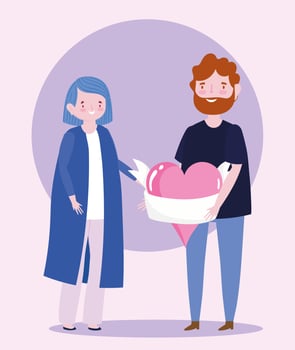 young couple with big heart love romantic cartoon vector