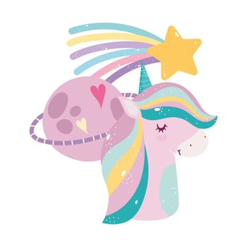 unicorn planet shooting star rainbow sweet cartoon vector