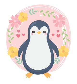 cute little penguin flowers hearts cartoon animal vector
