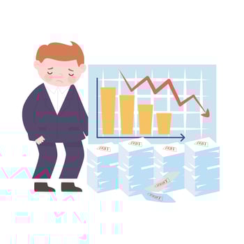 bankruptcy sad businessman diagram financial down arrow and debt papers business crisis vector