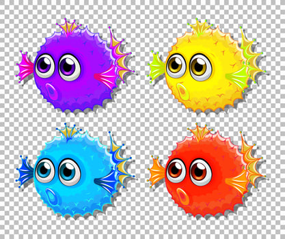 Set of different color puffer fish with big eyes cartoon characters vector