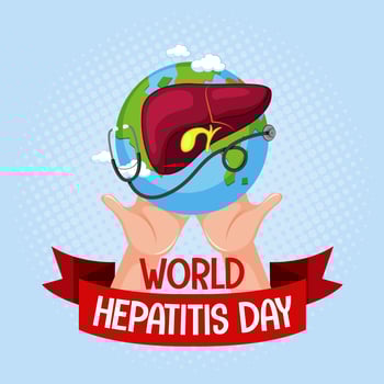 World Hepatitis Day banner with hands holding liver and stethoscope on the earth vector