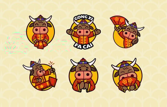 Sticker Pack of Cute Ox for Lunar vector