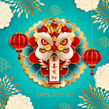 Gong Xi Fa Cai Lion Dance Head with Lanterns Concept vector