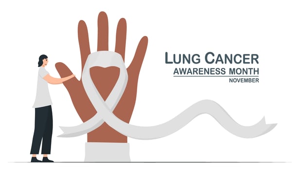 Lung cancer awareness month, November. The woman touches finger hopefully. Graphic for banner, poster, background and advertisments. Flat vector illustration isolated on white background.
