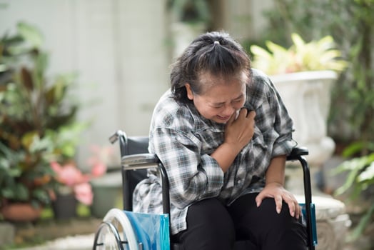 Elderly woman with heart disease sitting in wheelchair photo