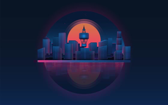 Futuristic city landscape with sunset. Future theme concept background. vector