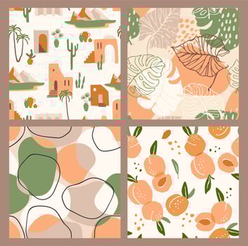 Abstract collection of seamless patterns with apricots, landscape, leaves and geometric shapes. Modern design vector