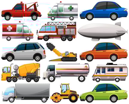Set of different kind of cars and trucks isolated on white background vector