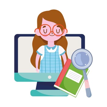happy teachers day, student girl computer book and magnifier vector