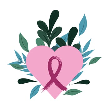 breast cancer awareness pink heart love ribbon leaves foliage design vector