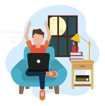 working at home, man using laptop on chair at night, people at home in quarantine vector