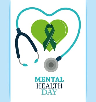 mental health day, ribbon in green heart stethoscope, psychology medical treatment vector