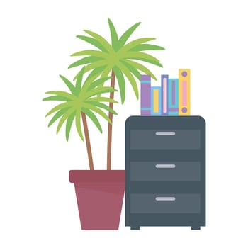 cabinet books and potted plant office isolated design white background vector