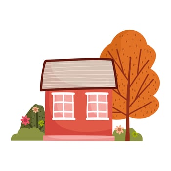 cute house trees flowers leaves isolated design white background vector