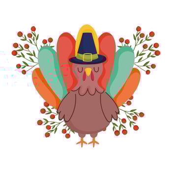 happy thanksgiving day, turkey with pilgrim hat berries fruit branch celebration vector