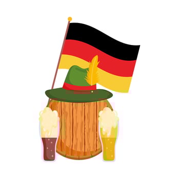 oktoberfest festival, barrel hat flag and beers, traditional german celebration vector