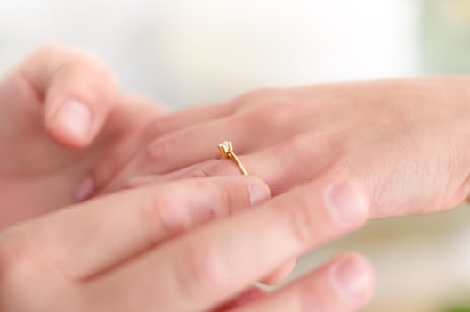 Placing an engagement ring on her finger photo