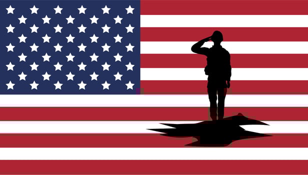 soldier saluting silhouette with usa flag background vector