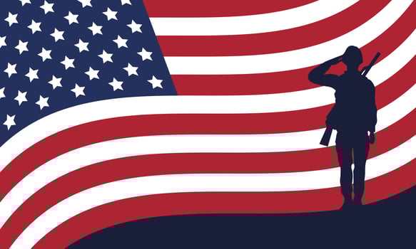 soldier saluting silhouette with usa flag background vector