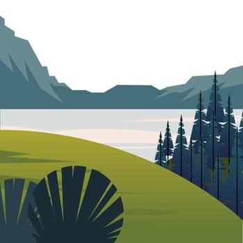 winter season landscape scene with pine forest and lake vector