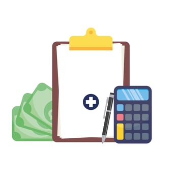 medical history, calculator, pen and bills vector design