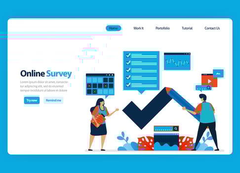 Landing page design for online survey and exam, filling out surveys with internet and validation software. Flat illustration for document, template, ui ux, web, website, mobile app, banner, flyer vector