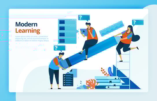 Vector illustration of people with internet based modern learning, people raised big pencils, student curiosity. Design for landing pages, web, website, web page, mobile apps, banner, flyer, brochure