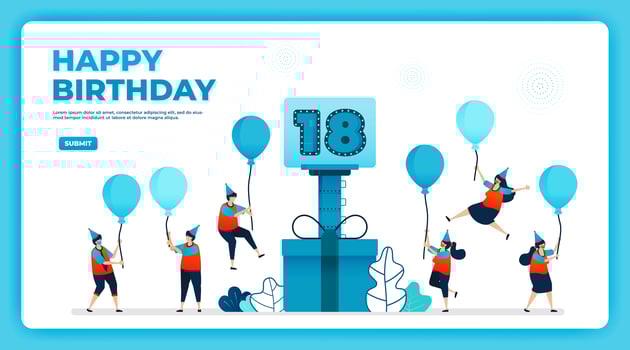 18th birthday vector illustration with health protocol. happy quarantine birthday party. birthday sign. online birthday card. For website, web, landing page, banner, mobile apps, UI UX, poster, flyer