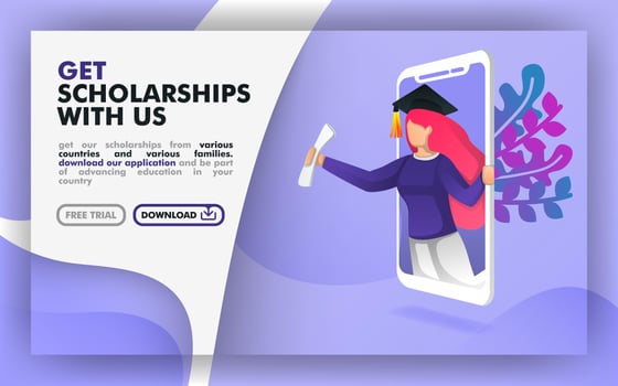 Vector illustration concept. blue website banner about scholarship programs. women with toga come out of the smartphone. suitable for print, online, mobile apps, web, landing page. Flat cartoon style