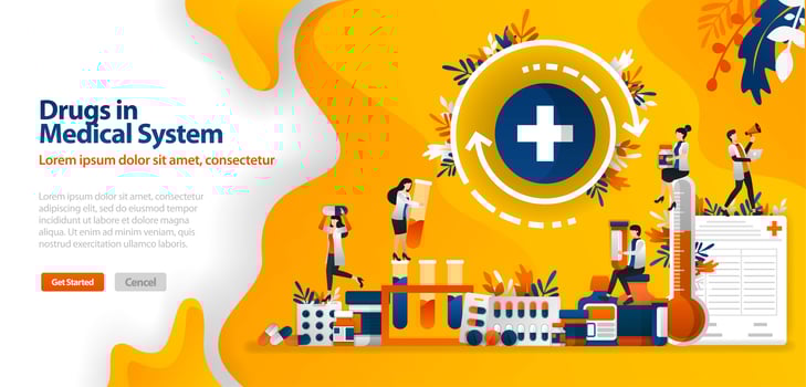 Drugs in Medical Systems, medicines and medical equipment and cross. vector illustration concept can be use for landing page, template, ui ux, web, mobile app, poster, banner, website