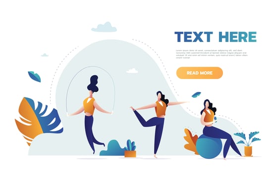 Fitness women in gym, gymnastics workout and yoga exercises. Sport people, health and jumping rope, vector illustration.