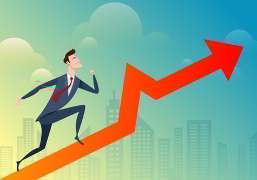 Business man runs and jumps on the graph with city background. Vector illustration business