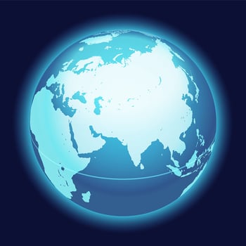 World Globe Map. India, Middle East, Asia Centered Map. Blue Planet Sphere Icon On A Dark Background. vector