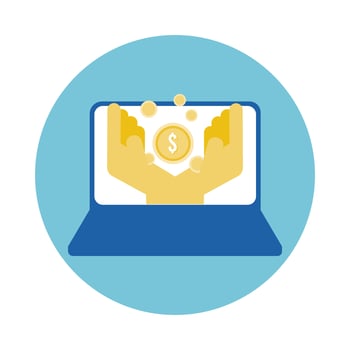 laptop with hands lifting coin block style icon vector