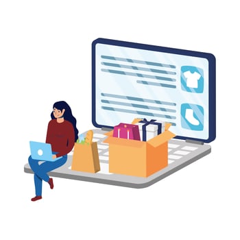 online ecommerce in laptop with woman buying clothes vector