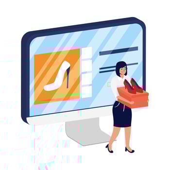online ecommerce in desktop with woman buying heels vector