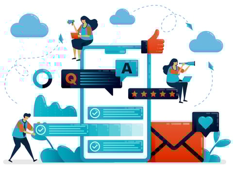 Q a or question and answer to users to get feedback. Mobile survey apps to improve service. Fill out essay and questionnaire. Flat cartoon character for landing page, website, mobile, flyer, poster vector