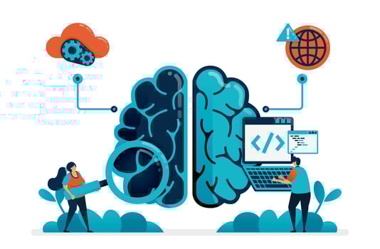 coding to create artificial intelligence program. looking for bug in artificial brain robot. smart technology on artificial intelligence. internet of things. business card, banner, brochure, flyer vector