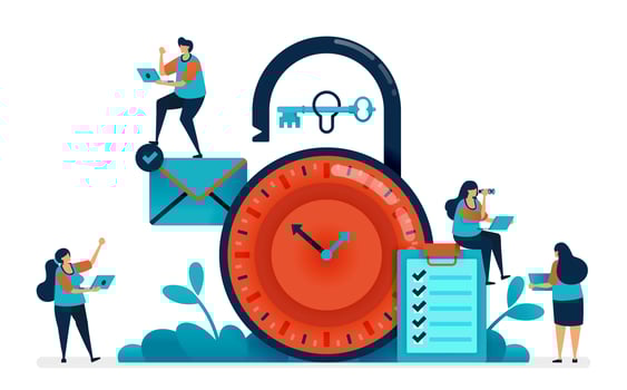 Time management at work, multitasking in managing time, security scheduling and business planning, stopwatch padlock lock, clock lock security. Vector illustration of website banner, software, poster