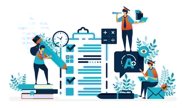 Fill in test sheet with a check and cross. Get an A plus on exam or class promotion test. Verify exam results. Flat vector illustration for landing page, web, website, banner, mobile apps, flyer, poster