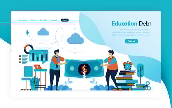 landing page for tuition fees, education debt, scholarship loan, torn of money, budget for learning and university, financial donation and charity for education. vector design for flyer poster mobile